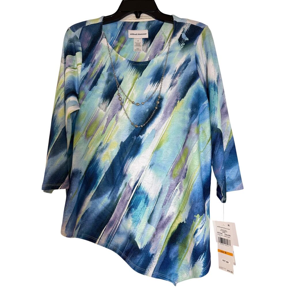 NWT Alfred Dunner Small Top Abstract Asymmetrical 3/4 Sleeve Silver Necklace